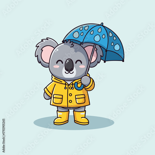 Cute cartoon koala wearing a yellow raincoat and boots, holding a blue umbrella with raindrops.