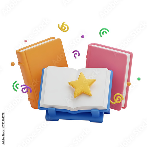 Open book with star and confetti celebrating knowledge and learning