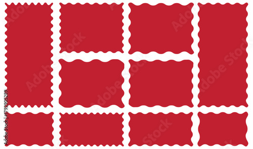 Set of with zigzag frames edge red color silhouette scalloped scallop edge shape rectangle shape. Geometric shapes with scallop and zigzag edges set. Silhouette sticker. Rectangular jagg box element.