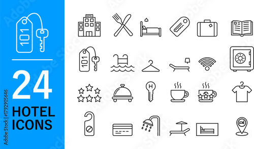 24 Hotel Line Icons in clean, modern, and detailed style. Great for website design and mobile apps. Includes symbols for room keys, check-in, amenities, food, pool, safe, luggage, and more.