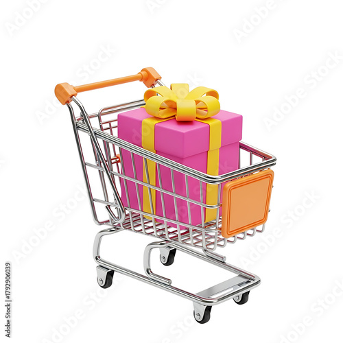 Miniature shopping cart filled with a pink gift box and yellow ribbon