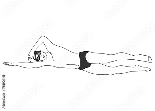 水泳でクロールを泳ぐ男性のイラスト 全身横向き 正面 モノクロ
