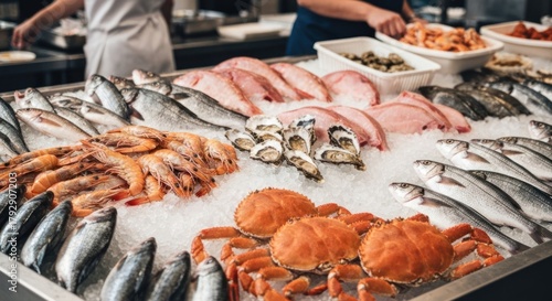 Fresh seafood display on ice. Hands unseen