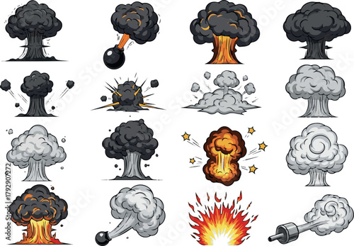 Create Create Explosive smoke cartoon clouds. Manga dark smoke puffs and swirling cloud. Bomb smoky explosions, dust and vapor steam for comic scene, fire blast effect and car exhaust on white backgro