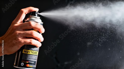 Person using an aerosol insecticide spray for pest control. Disinfection and fumigation in action against a dark background. Close-up shot.