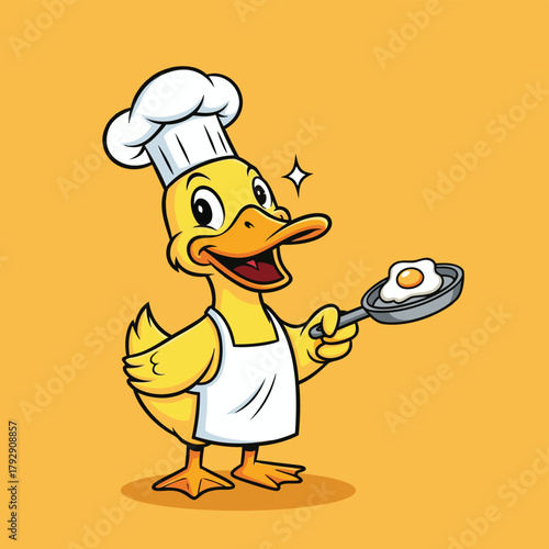Happy Yellow Duck Mascot Wearing Chef Hat and Apron.
