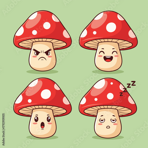 Four cute cartoon mushrooms displaying various emotions like anger, happiness, surprise, and sleepiness on a green background.