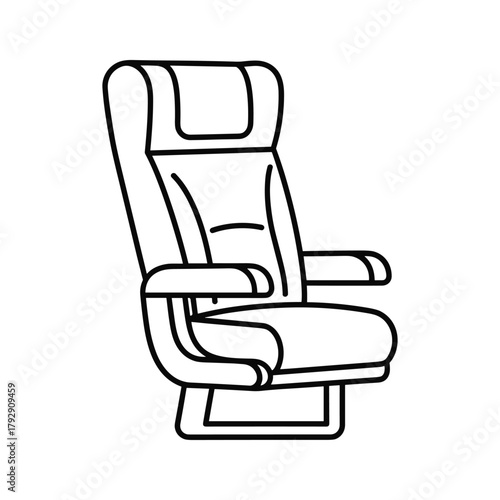 A simple line drawing of a comfortable airplane seat, isolated on a