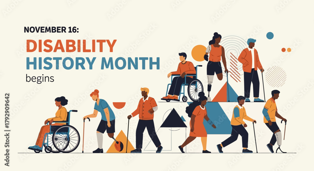 Fototapeta premium Celebrate Disability History Month starting November 16th with diverse people showcasing strength, resilience, and community spirit in a modern, inclusive design