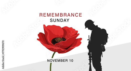 Honor Remembrance Sunday with a solemn tribute to veterans, symbolized by a vibrant red poppy and a silhouetted soldier, a powerful image for memorial events and commemorative designs