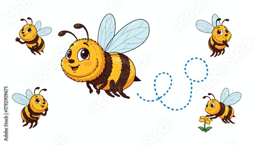 Playful cartoon bees buzzing around, one leading a dotted line towards a flower, all smiling.