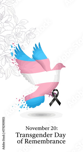 Honor Transgender Day of Remembrance with a symbol of peace, a dove adorned with the transgender flag and a poignant black ribbon, a powerful emblem of solidarity and support
