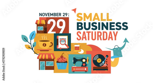 Support local today with Small Business Saturday, featuring vibrant icons representing shops, coffee, crafts, music, and community spirit, a perfect reminder to shop small