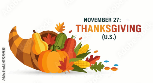 Wishing you a Happy Thanksgiving on November 27th with this colorful cornucopia overflowing with autumn harvest bounty and fall leaves, perfect for holiday greetings and festive designs