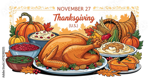 Celebrate Thanksgiving with a bountiful feast illustration featuring a golden turkey, pumpkin pie, and cornucopia, perfect for holiday promotions and family gatherings this season