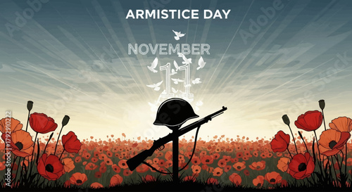 Remember Armistice Day with a poignant scene of poppies, doves, and a soldier's helmet, offering a moment of reflection and honoring the sacrifices made for peace