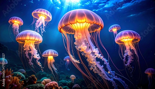 Fototapeta Naklejka Na Ścianę i Meble -  Luminous jellyfish drift in deep blue sea, illuminated from above, coral visible on ocean floor below