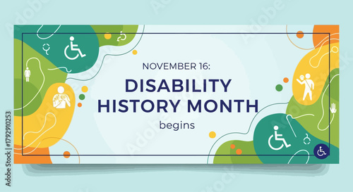 Promote disability awareness and inclusion during Disability History Month, starting November 16th, using this vibrant and modern design to celebrate diversity and accessibility