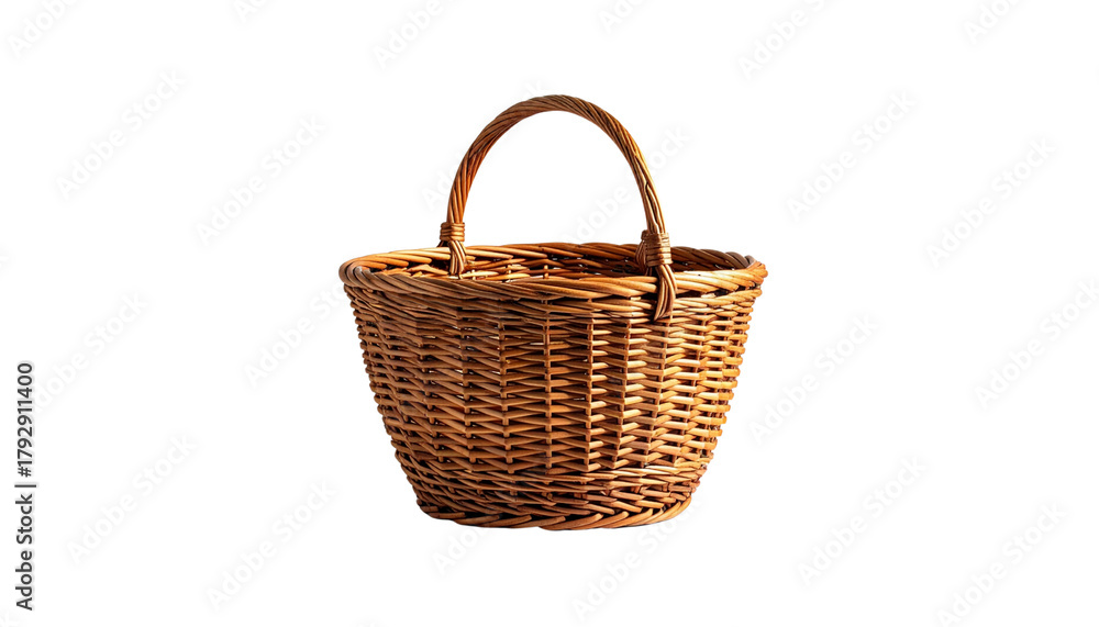 Obraz premium Empty handmade brown wicker picnic basket with a handle, isolated on a white background, is ready to be filled with food