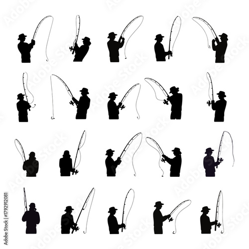 Elegant black silhouette of a lone angler casting line into calm waters, crisp vector artwork capturing the timeless tranquillity and focus of fishing under minimalist monochrome design.