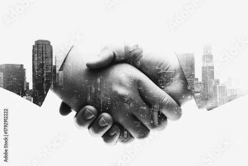 A black and white image of a handshake overlaid with a cityscape