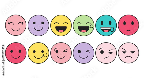 Collection of Cute Round Emoticons with Various Facial Expressions