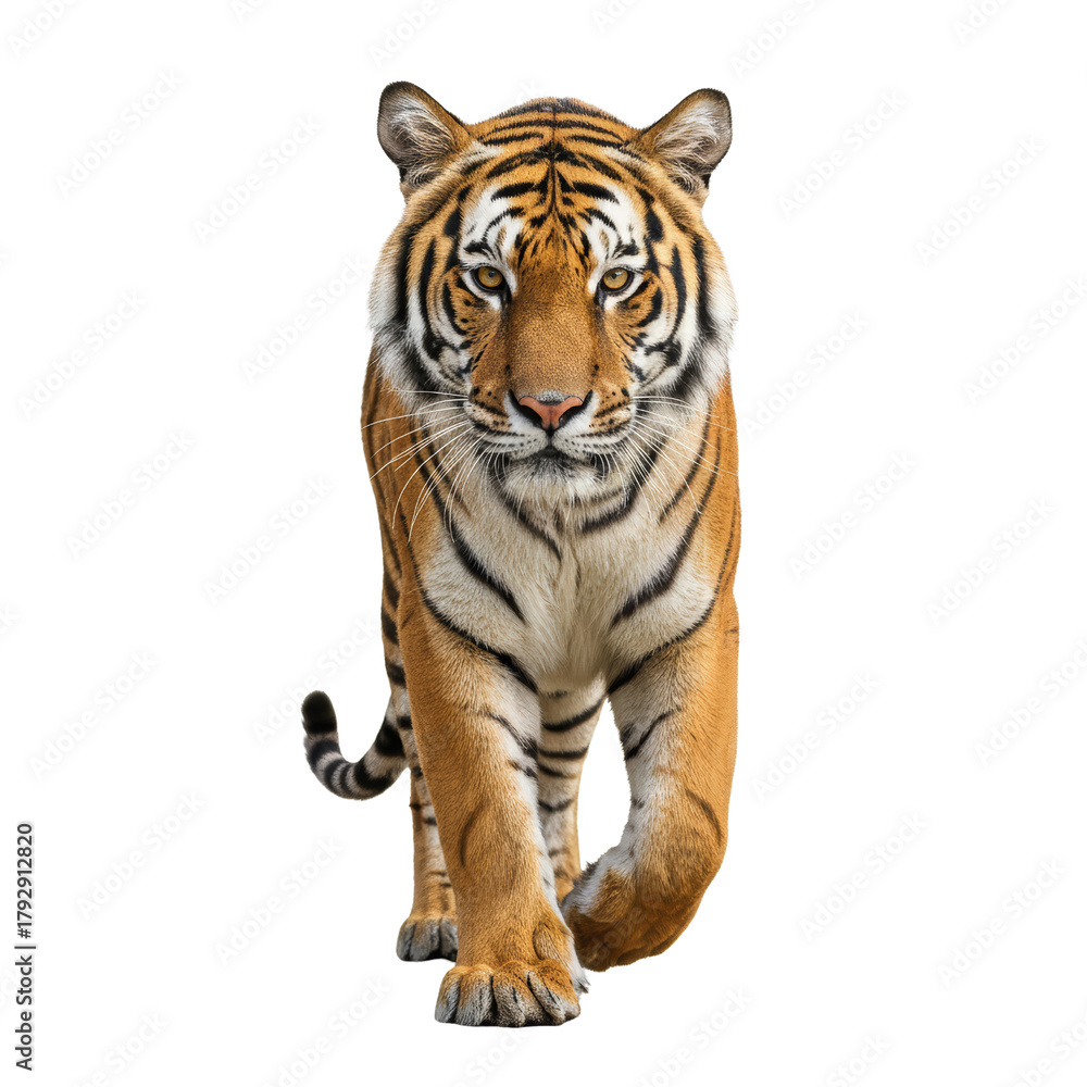 Fototapeta premium Majestic Bengal Tiger Portrait: Striking Feline on Isolated Transparent Canvas Strolling Forward