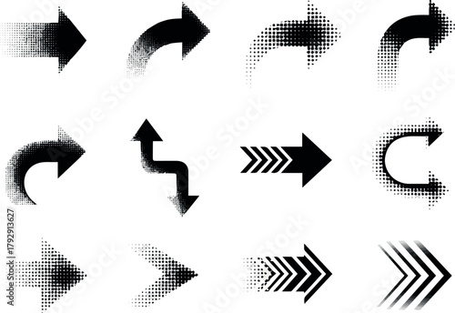 Create Halftone arrow icons, black direction symbol, dotted pointer, curved and straight arrow with fade effect. Navigation or progress sign, dot gradient border, stripe with arrowhead on white 