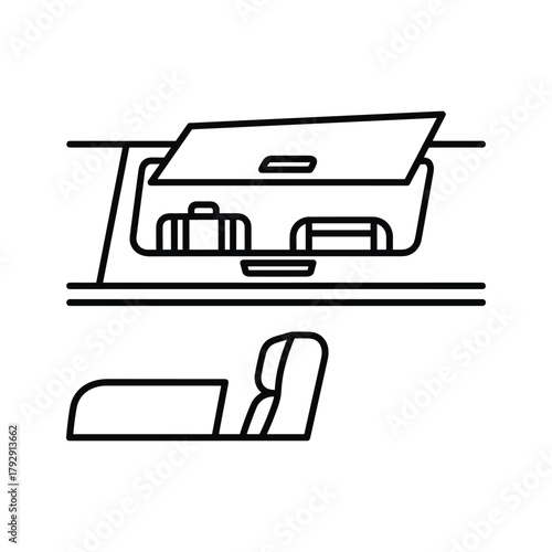 Overhead compartment in a car with luggage and a car seat