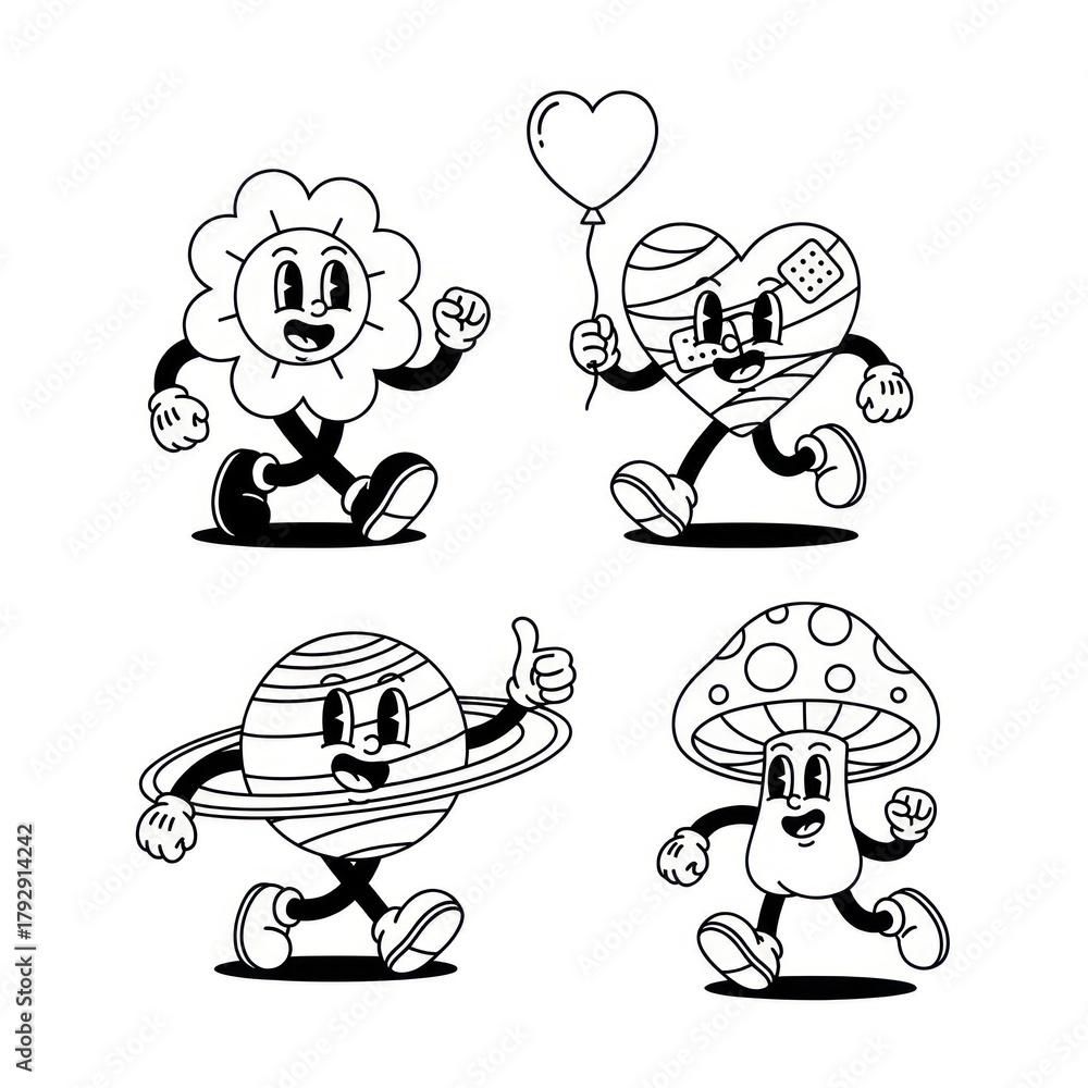 Fototapeta premium Cartoon characters walking with happy expressions and heart balloon vector illustration