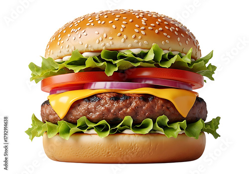 Juicy cheeseburger with fresh lettuce tomato and onion isolated on transparent background