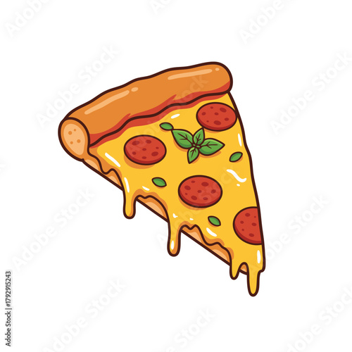 A delicious cartoon slice of pepperoni pizza with melted cheese and fresh basil leaves, dripping with goodness.