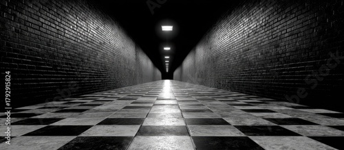A black and white image shows a long corridor with brick walls, checkered floor, and ceiling lights