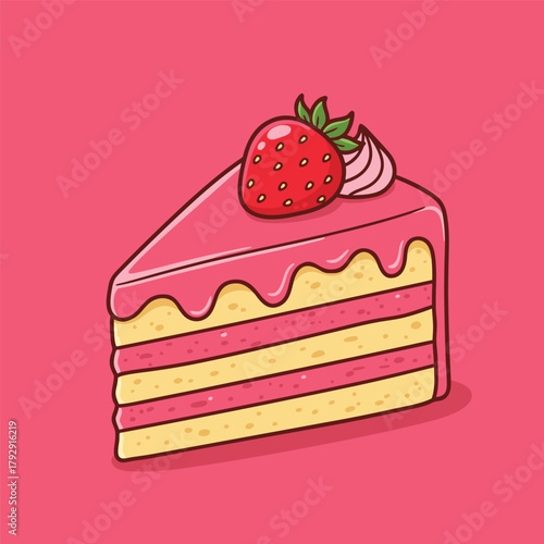 Delicious cartoon slice of strawberry cake with pink frosting and a fresh berry on top.