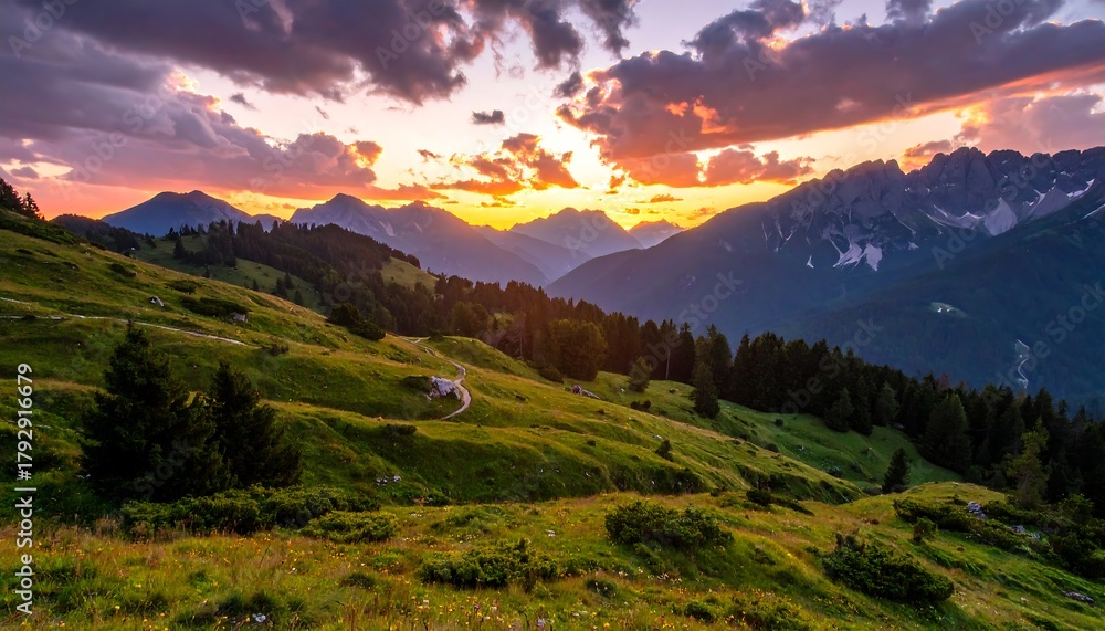 Fototapeta premium Mountain meadow view with a vibrant sunset and distant peaks