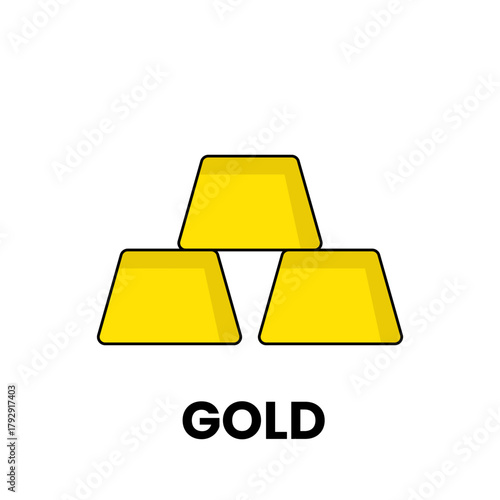 Minimalist yellow gold bar icon with bold text GOLD below, clean white background, flat vector illustration for finance, wealth, or investment concept