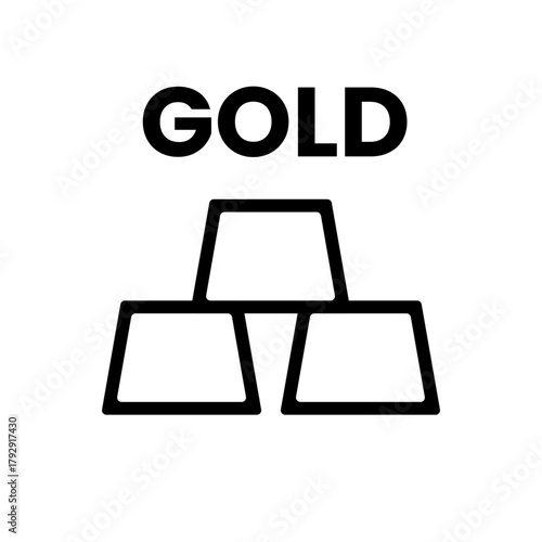 Black outline icon of three stacked gold bars with the word “GOLD” above, minimalist vector on white background for finance and investment use