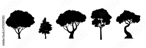 Set of various tree and shrub silhouettes in vector format, clean black outlines of foliage and branches, ideal for landscape design, natural themes and graphic-art applications.