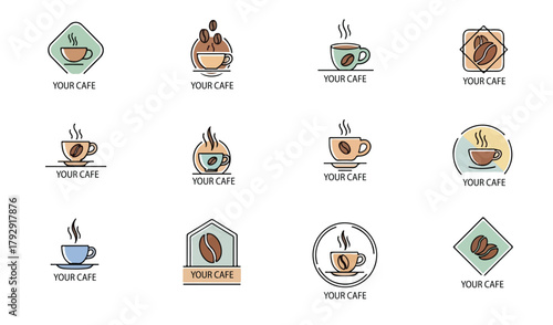 A collection of twelve minimalist coffee-themed logos, each featuring cups and coffee beans with accompanying "YOUR CAFE" text. for coffee shop.