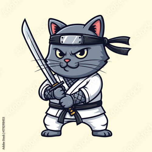 A fierce cartoon grey cat dressed as a ninja, holding a katana sword with a determined expression.