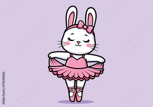 Cute cartoon white bunny ballerina wearing a pink tutu and ballet shoes, standing gracefully on a light purple background.