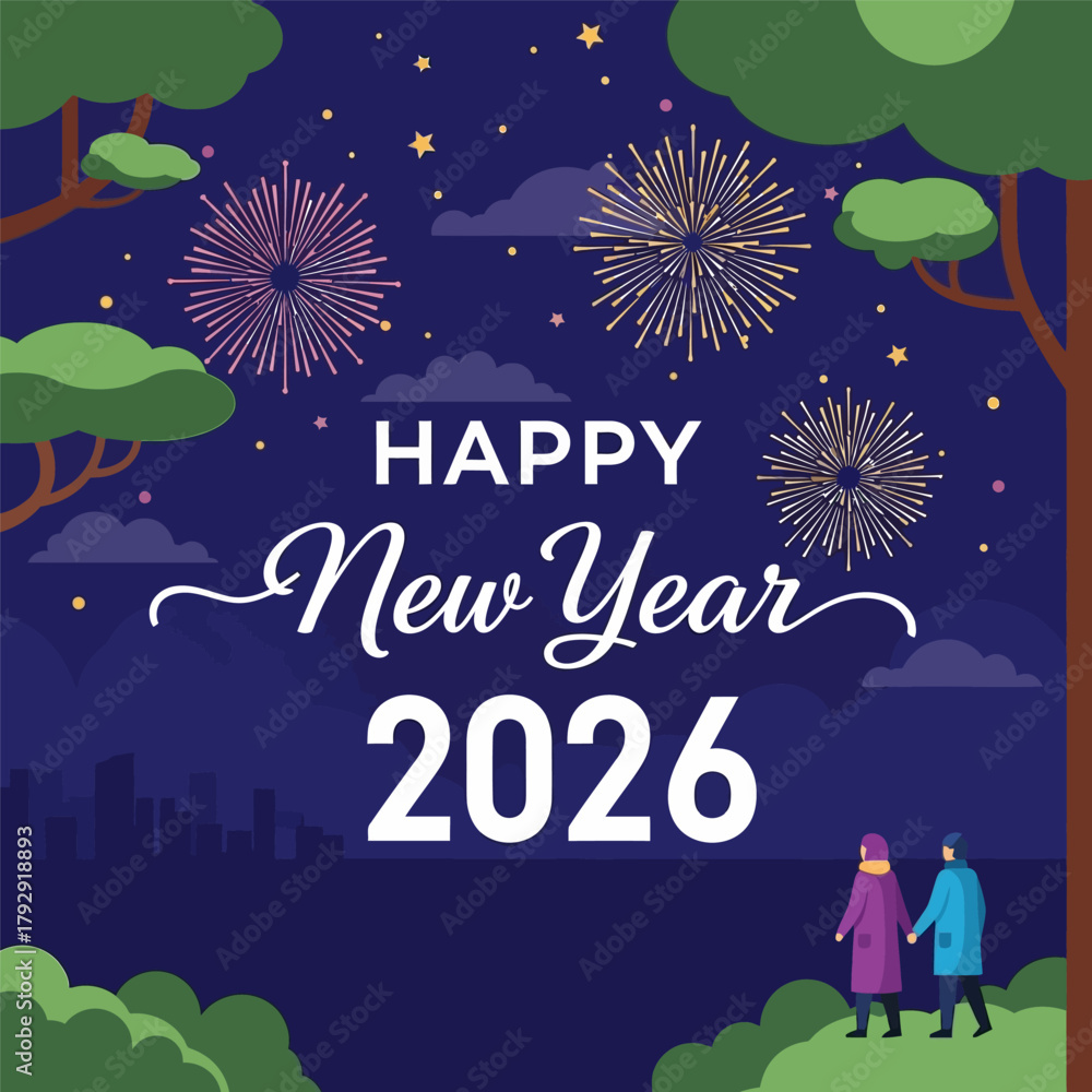 Fototapeta premium A couple is watching fireworks at night in a city, celebrate happy new year, vector illustration design
