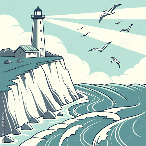 Coastal scene with lighthouse on cliff, seagulls flying over ocean waves and a small house nearby the tower