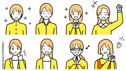 喜んでいる顔の若い女性のイラストセット