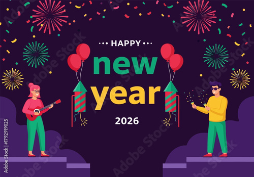 Happy new year party fun cartoon illustration of a joyful people