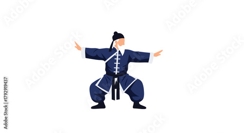 Elderly Asian master with a long white beard and traditional clothing gracefully practices the martial art of Tai Chi or Kung Fu.