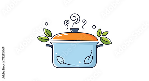 Steaming cooking pot with a lid and green leaves symbolizes healthy, organic, or vegetarian meal preparation in the modern kitchen.