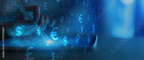 Global Currency Symbols Network Interface on Digital Tablet in Financial Technology Environment.
