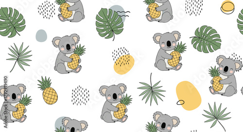 Seamless tropical pattern features cute cartoon koalas holding pineapples, green monstera leaves, and abstract doodles for kids.