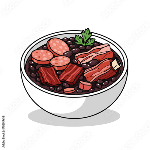 A bowl of traditional Brazilian feijoada with black beans, sausage, bacon, and ribs, garnished with fresh parsley.